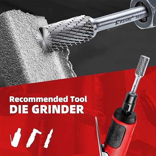 EZARC Tungsten Carbide Rotary Burr Bit, SB-5 Double Cut Carbide Burr 1/4" Shank Die Grinder Cutting Burrs Bit for Metal Working & Sturdy Storage Case