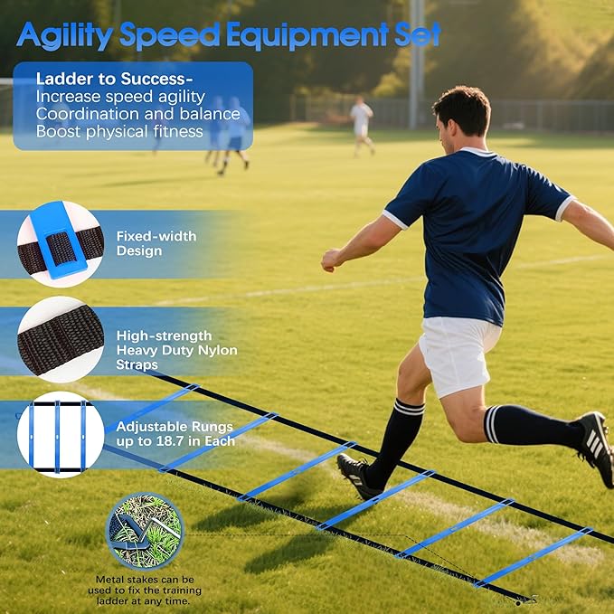 Agility Ladder Speed Training Equipment Set-20ft Agility Ladder,12 Soccer Cones,4 Hurdles,Jump Rope,Running Resistance,Soccer Football Training Equipment with Carrying Bag for Kids Adults