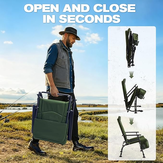 X Strike Oversized Folding Fishing Chair with Rod Holder Heavy Duty 350LBS, Feet Adjustable Padded Camping Chair with Cup Holder Side Pocket Hard Armrest