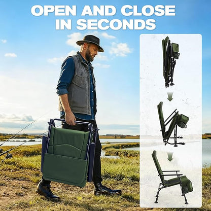 X Strike Oversized Folding Fishing Chair with Rod Holder Heavy Duty 350LBS, Feet Adjustable Padded Camping Chair with Cup Holder Side Pocket Hard Armrest