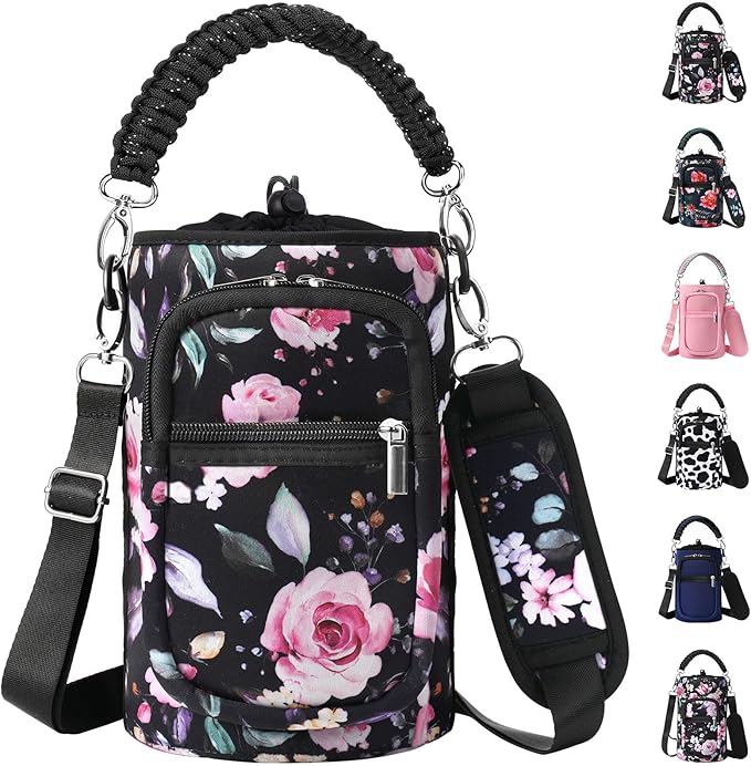 32/40/64/128 oz Neoprene Insulated Water Bottle Carrier Bag, Sling Bag Sleeve Pouch Holder with Strap & Paracord Handle and 2 Pocket for Travelling, Hiking, Camping