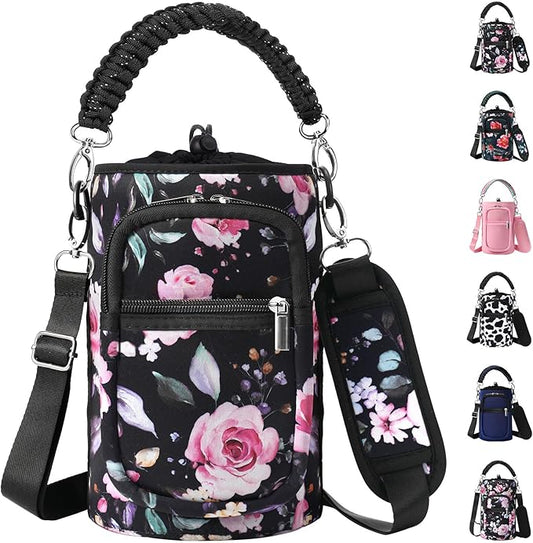 32/40/64/128 oz Neoprene Insulated Water Bottle Carrier Bag, Sling Bag Sleeve Pouch Holder with Strap & Paracord Handle and 2 Pocket for Travelling, Hiking, Camping