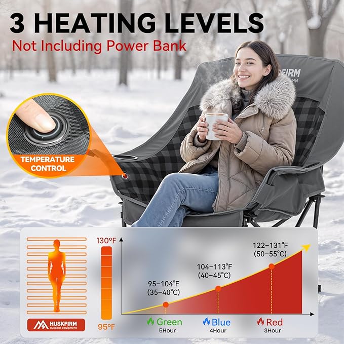 Oversized Heated Camping Chair Fully Thick Padded Camping Chair for Adults 3 Levels Adjustable Portable Heated Camp Chair for Outdoor Use (Battery Not Included)