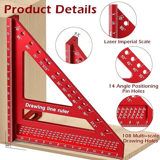 8.5 inch 3D Multi-Angle Measuring Ruler -Large Precision Woodworking 3D Square Protractor 15-90 Degree and Miter Triangle - Aluminum Alloy Drawing Line Ruler for Engineer Carpenter Red