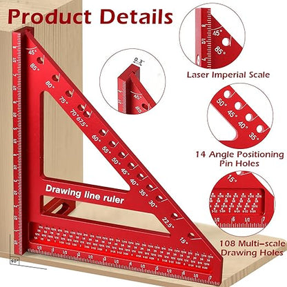 8.5 inch 3D Multi-Angle Measuring Ruler -Large Precision Woodworking 3D Square Protractor 15-90 Degree and Miter Triangle - Aluminum Alloy Drawing Line Ruler for Engineer Carpenter Red