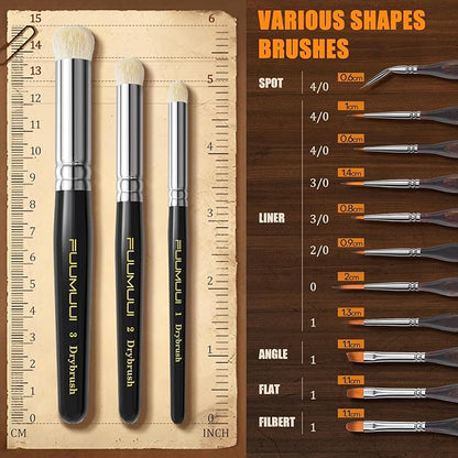 Miniature Paint Brushes with Domed Dry Brush Set for Miniature Painting, Fuumuui 14Pcs Miniature Model Paint Brush Set Dry Brush Miniatures for for Acrylic, Watercolor, Oil