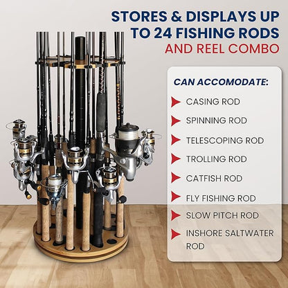 Rush Creek Creations Fishing Rod Holder - 360 Spinning Rack for Garage Organization and Storage, Pole Holder for Reels, Gear, Accessories, Tackle Box