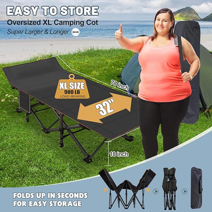 Slsy Oversized XXL Folding Camping Cot for Adults with Pad, Padded Portable Sleeping Cots, Camp Bed with Carry Bag for Outdoor Travel, Beach, Hiking