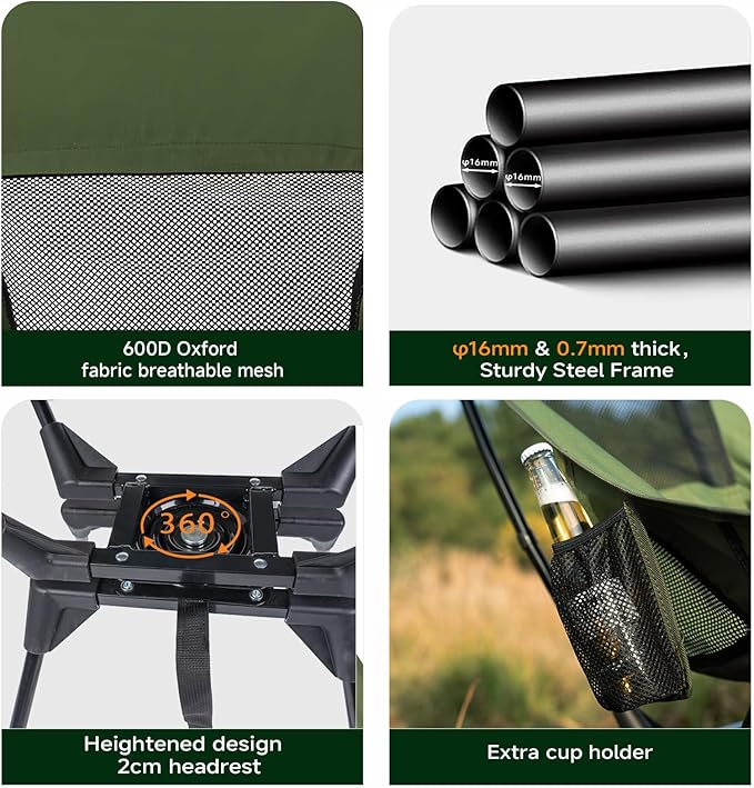 Upgraded 360° Swivel Camping Chair for Adults, Portable Folding Chair with Cup Holder, Lightweight Compact Backpack Outdoor Chair for Travel, Fishing, Hiking, and Beach