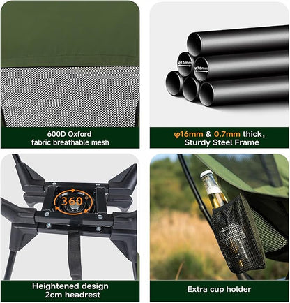 Upgraded 360° Swivel Camping Chair for Adults, Portable Folding Chair with Cup Holder, Lightweight Compact Backpack Outdoor Chair for Travel, Fishing, Hiking, and Beach