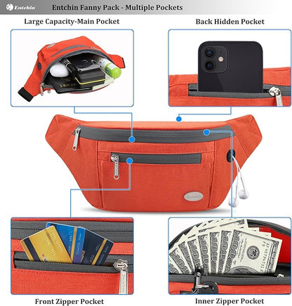 Entchin Fanny Pack for Women Men,Crossbody Belt Bag with 4-Zipper Pockets,Adjustable Waist Bag Pack,One of the Most Popular Travel Essential Gifts for Walking,Traveling,Cycling