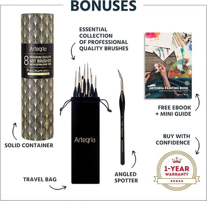 ARTEGRIA Detail Paint Brush Set, 8 Miniature Brushes with Extra Fine Tips and Ergonomic Handles, for Small Scale Models, Figurines, Paint by Numbers for Adults