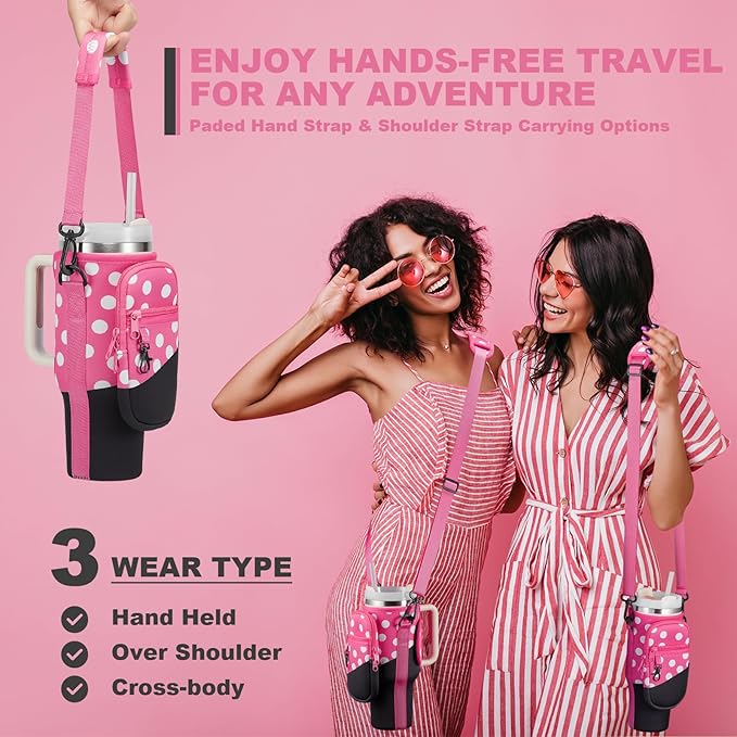 Water Bottle Carrier Bag with Phone Pocket for Stanley 40 & 30 oz Tumbler with Handle,Pink Insulated Neoprene Cup Holder Pouch w/Adjustable Strap for Quencher H2.0 Stanley Cup Accessories