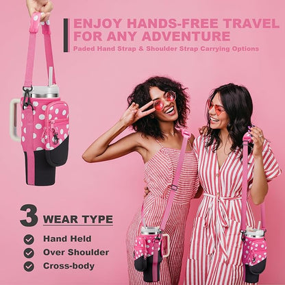 Water Bottle Carrier Bag with Phone Pocket for Stanley 40 & 30 oz Tumbler with Handle,Pink Insulated Neoprene Cup Holder Pouch w/Adjustable Strap for Quencher H2.0 Stanley Cup Accessories