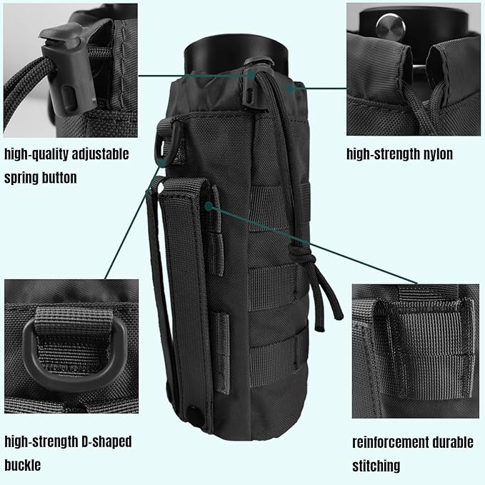 Tactical MOLLE Water Bottle Holder, Upgraded Water Bottle Pouch with Drawstring Open Top & Mesh Bottom, 16/24/25/32oz Water Bottle Carrier Bag with D-Ring Hook for Backpack