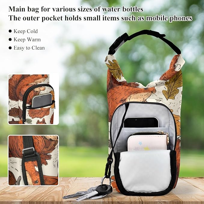 Brown Squirrels Acorns Leaves Mushrooms Water Bottle Holder with Strap Insulated Water Bottle Carrier Crossbody Bags Pouch with Phone Pocket for Travel Gym Hiking Walking Running