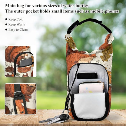 Brown Squirrels Acorns Leaves Mushrooms Water Bottle Holder with Strap Insulated Water Bottle Carrier Crossbody Bags Pouch with Phone Pocket for Travel Gym Hiking Walking Running