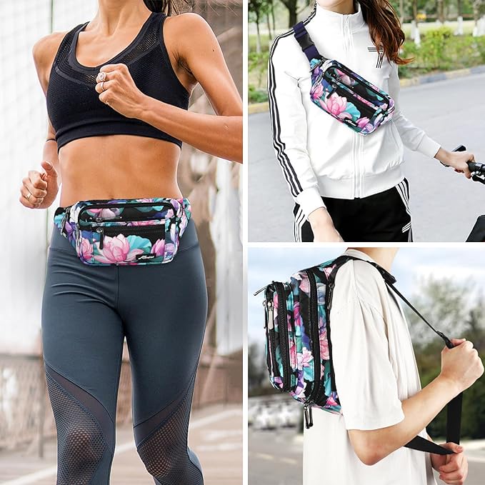 Waist Pack Bag Fanny Pack for Men&Women Hip Bum Bag with Adjustable Strap for Outdoors Workout Traveling Casual Running Hiking Cycling (New Black Flowers-1)