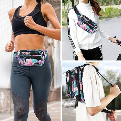 Waist Pack Bag Fanny Pack for Men&Women Hip Bum Bag with Adjustable Strap for Outdoors Workout Traveling Casual Running Hiking Cycling (New Black Flowers-1)