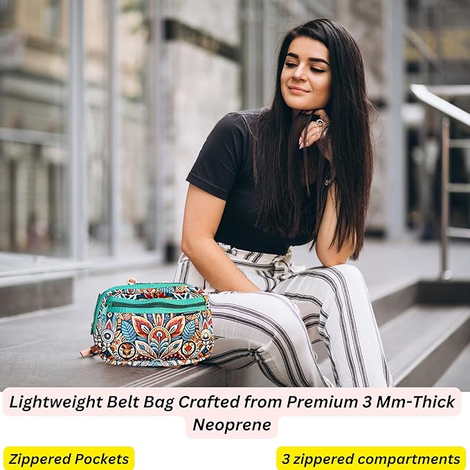 Yewande&co Neoprene Fanny Pack Belt Bag – Lightweight Waterproof Waist Bag with Adjustable Strap, 3 Zippered Pockets, Crossbody Belt Bag for Travel, African Design Crossbody Bags (Fire)