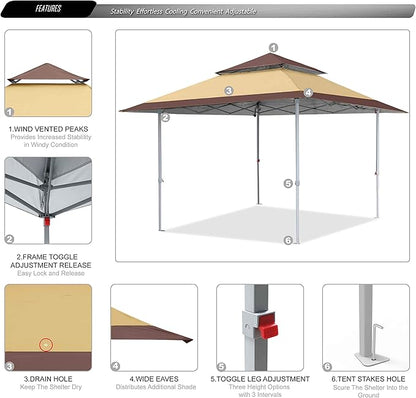 ABCCANOPY 13x13 Pop Up Canopy Base on 10x10 Canopy Frame with Double Ventilated Top, 4 Sandbags, 4 Ropes and 8 Stakes (Beige)