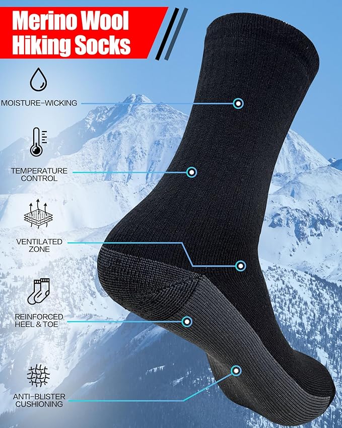3 Pairs Men's Merino Wool Socks - Thermal Winter and Hiking Socks with Cushioned Support for Everyday Comfort