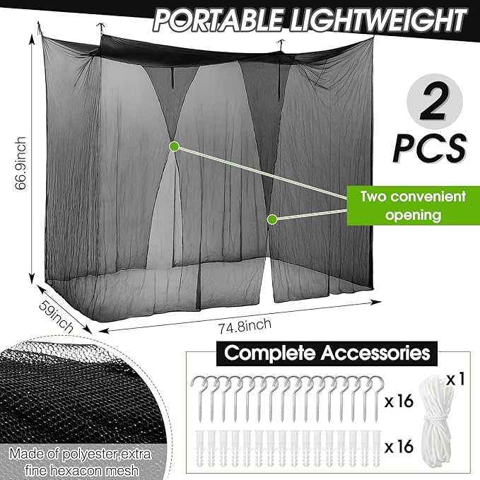 Tranqun 2 Pcs Mosquito Netting for Patio, Ultra Large Mosquito Net for Bed with 2 Side Openings 16 Hanging Loops for Camping Home Outdoor Travel Dormitory Decor(Black,75 x 59 x 67 Inch)