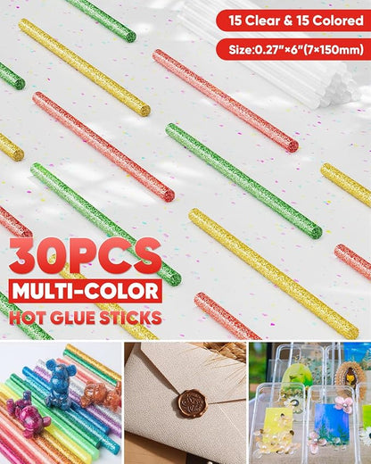 4V Red Cordless Hot Glue Gun Kit with 30 Multi-Color Glue Gun Sticks, Fast Preheating, USB-C Rechargeable with 2600mAh Built-in Battery, Less-Drip Hot Melt Glue Gun for DIY, Crafting, Art