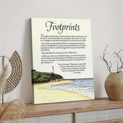 Footprints in the Sand Religious Canvas Wall Art Posters, Inspirational Beach Sunset Poem Print Poster (Framed 24x36inch, Footprints(5))