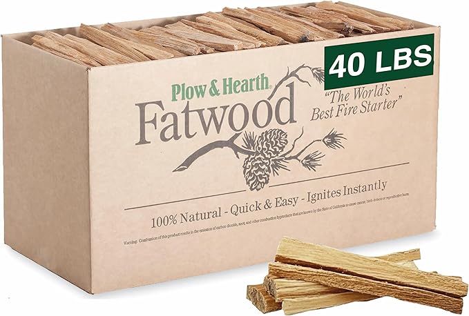 Plow & Hearth 40 LB Fatwood Fire Starter, Organic Kindling Sticks, Non Toxic All Natural Firestarters for Wood Stoves Fireplaces Campfires Fire Pits, Easy Ignition Fat Wood