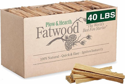 Plow & Hearth 40 LB Fatwood Fire Starter, Organic Kindling Sticks, Non Toxic All Natural Firestarters for Wood Stoves Fireplaces Campfires Fire Pits, Easy Ignition Fat Wood