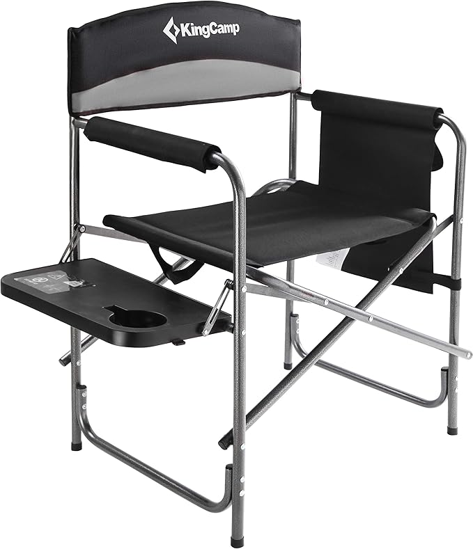 KingCamp Camping Foldable Padded Director Arm Chair with Side Table and Pocket, Grey