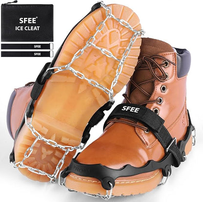 Sfee Crampons Ice Cleats for Shoes and Boots, Stainless Steel Chains Ice Grippers for Shoes and Boots Non Slip Gripper Spikes, Traction Cleats for Snow and Ice, Hiking, Walking, Climbing, Ice Fishing