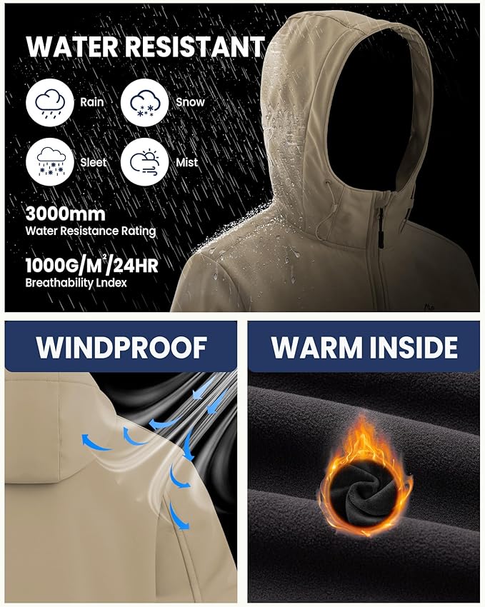 WULFUL Men's Lightweight Softshell Jacket Warm Fleece Lined Windbreaker Waterproof Soft Shell for Outdoor Hiking