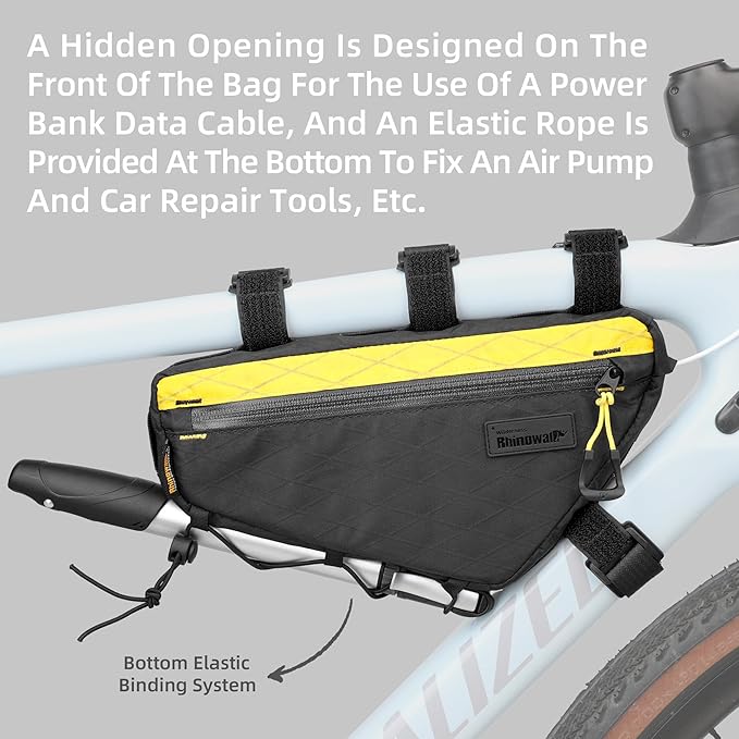 Rhinowalk Bike Triangle Frame Bag 1.7L, Waterproof Tool & Gear Bag with YKK Zippers, Cable Port & Pump Holder, Slim Fit – Black+Yellow