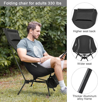 G4Free 2 Pack Folding Lightweight Camp Chair High Back Camping Chair Backpacking Chair Heavy Duty 330lbs with Headrest Pocket Black