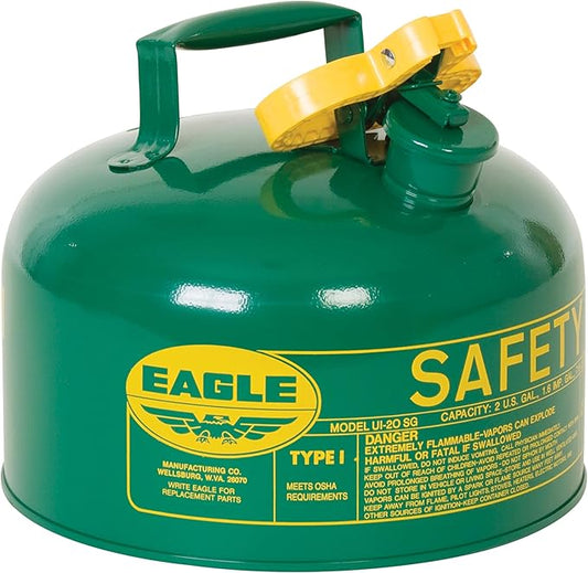 Eagle 2 Gallon Type I Green Safety Gas Can for Oil and Other Combustibles with Flame Arrester and Self-Closing Lid, Made in the USA, Galvanized Steel Flammable Storage Can, UI20SG