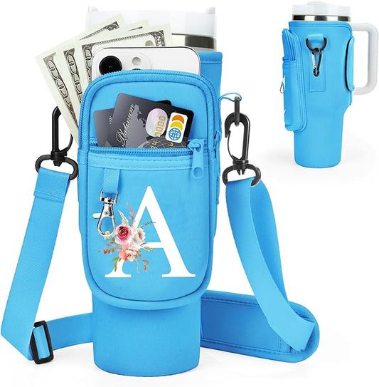 Initial Water Bottle Holder with Strap for Stanley 40 oz Tumbler/Simple Modern 40 oz Tumbler,Water Bottle Carrier Bag with Strap,Personalized A-Z Phone Pocket for Stanley Cup Accessories