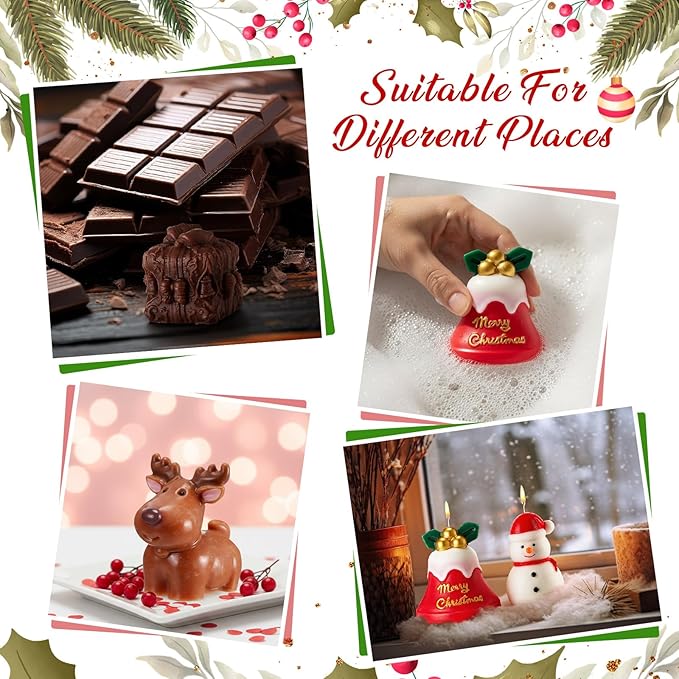 LemonRoad 8 Pcs 3D Christmas Candle Mold Set Silicone Soap Epoxy Resin Wax Mold 3D Christmas Tree, Santa, Elk, Snowman for Candle Resin Soap Craft Cake Chocolate Making Kit for Xmas Gift Party Decor