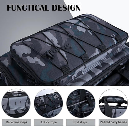 Goture Fishing Tackle Bag, Store Up to 4PCS 3700 Plus 2PCS 3600 Tackle Trays(Not Included), 600D Soft Side Gear Storage Fishing Bag with Rod Straps,Detachable Water Bottle Pouch,Waterproof Bottom