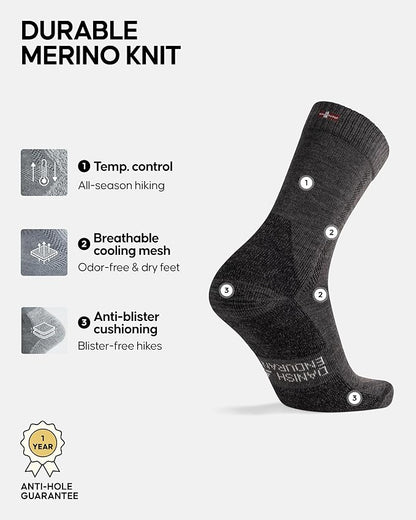 DANISH ENDURANCE Merino Wool Hiking Crew Socks for Men & Women, Cushioned Anti-Blister, Breathable - 3 Pairs