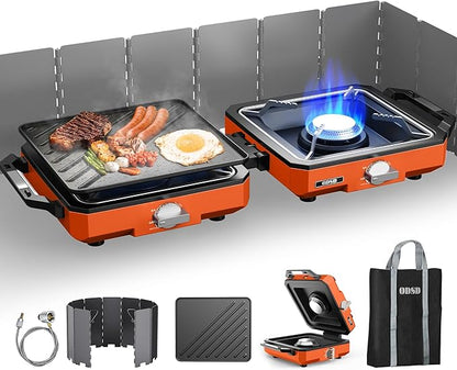 ODSD 2 Burner Camping Stove with Windshield, 20000 BTU Propane Camp Stove, Portable Folding Gas Stove, Camping Essentials Gear Includes Frying Pan, Coffee Stand & Carry Bag, Orange