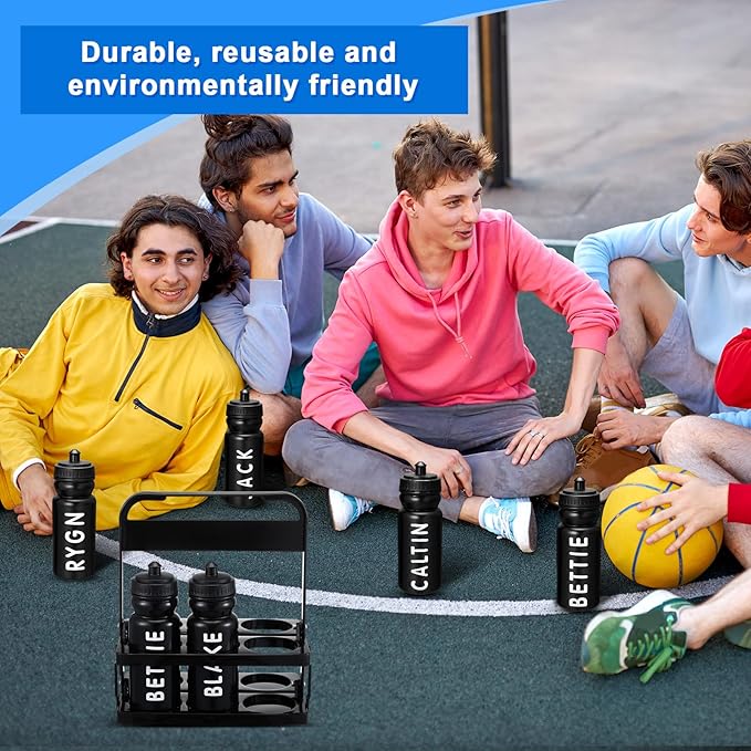 Suclain 28 Pcs Water Bottle Carrier with 20 Oz Bottles and Stickers Plastic Wide Mouth Sports Water Bottle Squeeze Team Bottles with Black Lid for Fitness Bike Gym (Black)