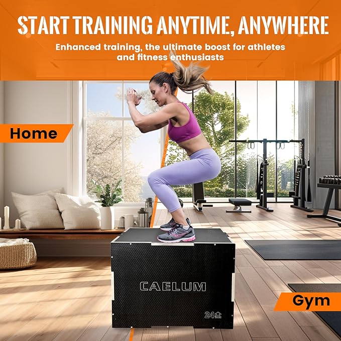 CAELUM 3-in-1 Wood Plyo Box - Non-Slip Plyometric Jump Box for Home & Gym, 400lbs Bearing Fitness Launch Box for Jumping Squats Step-ups Strength Training