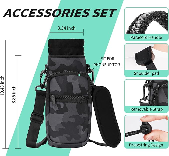 32/40/64/87/128 oz Water Bottle Carrier Bag, Neoprene Water Bottle Sleeve with 4 Pocket, Sport Water Holder with Paracord Handle and Shoulder Strap for Walking Hiking Camping Gym
