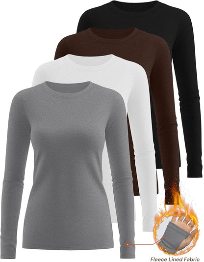 Neer 4 Pack Women's Fleece Thermal Long Sleeve Shirts, Thumb Holes Crew Neck Slim Fit Tops Warm Workout Basic Undershirt