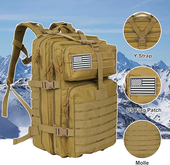 50L Large Military Tactical Backpack Molle Army Assault Pack for Travel Camping Hiking Fishing Backpack for men (khaki)