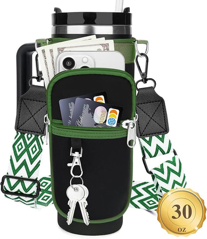 Water Bottle Carrier Bag with Strap for Stanley 40/30 oz Tumbler with Handle, Water Bottle Holder Pouch with Phone Pocket for Stanley Cup Accessories, fit Walking Hiking Travel