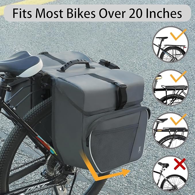 Waterproof Double Panniers Bag - 36L Saddle Bags for Rear Rack Bicycles with Safety Reflective Strips, Bicycle Commuting Pannier Fit Most Bicycle Rack with Rain Cover (With Rain Cover, Grey, 36L)