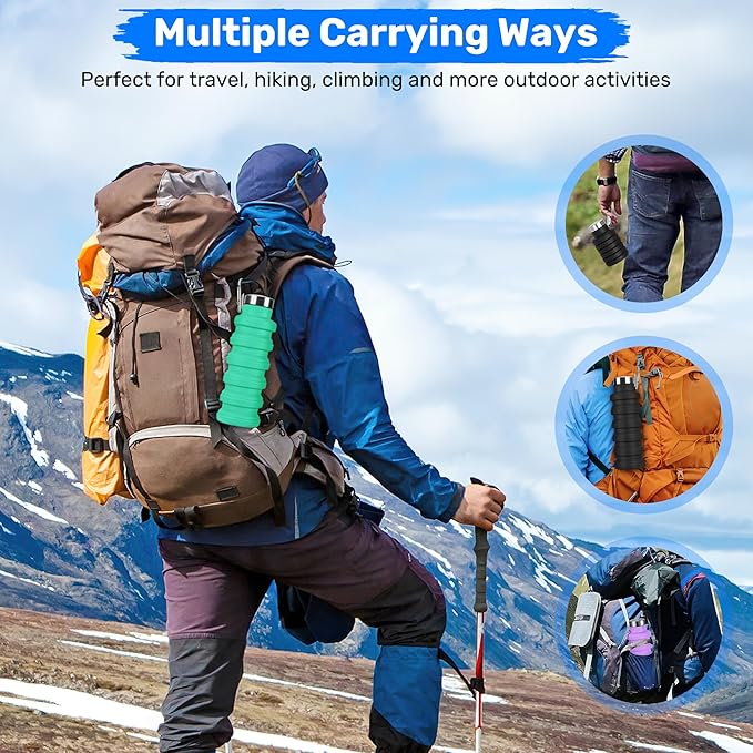 Collapsible Water Bottle, 16oz Portable Reusable Silicone Water Bottle, BPA-Free Leak-Proof Foldable Design with Carabiner, Lightweight Durable for Gym, Travel, Camping, Hiking, Sports-Black